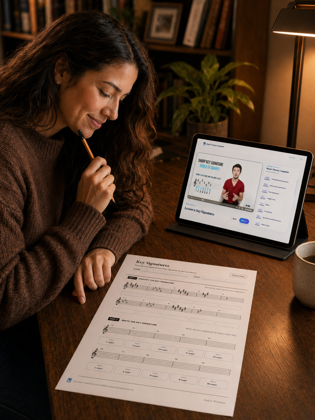 Adult learner studying a key signatures worksheet with a Music Theory Lessons video playing on a tablet